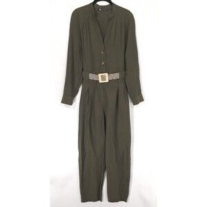 ZARA Jumpsuit MEDIUM Olive Green Utility Button Front V Neck Lyocell 3564/064
